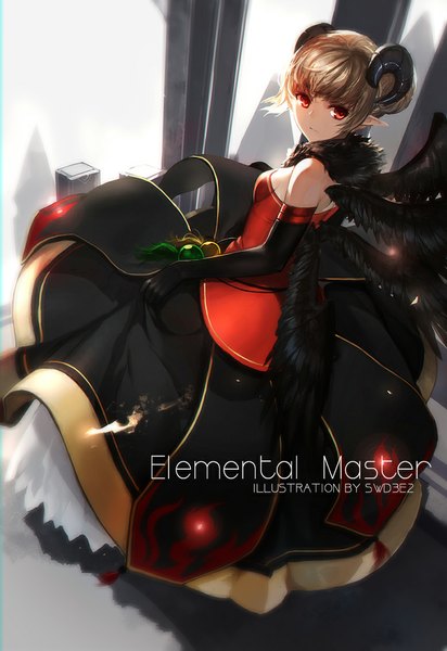 Anime picture 779x1134 with dungeon and fighter swd3e2 single tall image looking at viewer short hair blonde hair red eyes horn (horns) fur trim watermark black wings multiple wings girl dress gloves wings black gloves elbow gloves fur