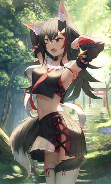Anime-Bild 3900x6450 mit virtual youtuber hololive ookami mio ookami mio (1st costume) shuvi (shuvi1125) single long hair tall image blush fringe highres breasts open mouth light erotic black hair smile hair between eyes large breasts standing animal ears