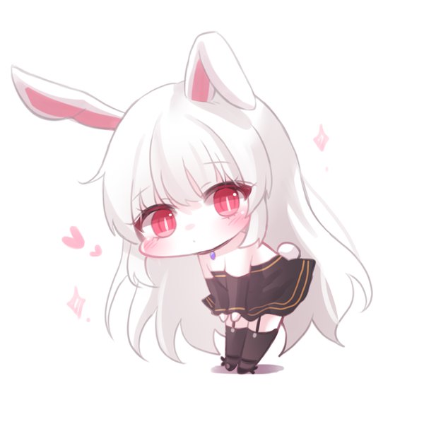 Anime picture 1000x1000 with original honyang single looking at viewer blush fringe simple background red eyes standing white background animal ears payot full body white hair tail blunt bangs very long hair animal tail off shoulder shadow