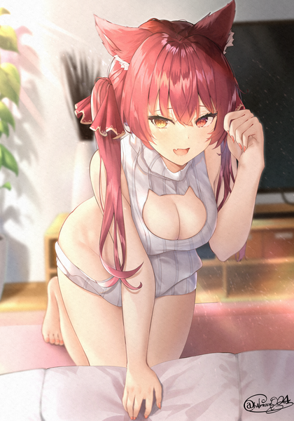 Anime picture 3405x4866 with virtual youtuber hololive houshou marine shiina aoi single long hair tall image looking at viewer blush fringe highres breasts open mouth light erotic smile hair between eyes red eyes large breasts twintails bare shoulders