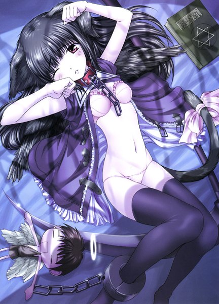 Anime picture 1008x1400 with dengeki moeou shironeko sanbou single long hair tall image looking at viewer blush fringe light erotic black hair red eyes animal ears tail animal tail one eye closed night open clothes shadow black wings frilled bra