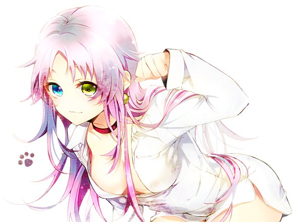 Anime picture 1410x1036 with k-project gohands (studio) neko (k project) mmm-suke single long hair breasts light erotic simple background white background pink hair heterochromia girl shirt bell