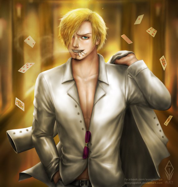 Anime picture 4724x4961 with one piece toei animation sanji auey supaluk single tall image looking at viewer fringe highres short hair blue eyes blonde hair smile standing holding signed absurdres upper body hair over one eye realistic