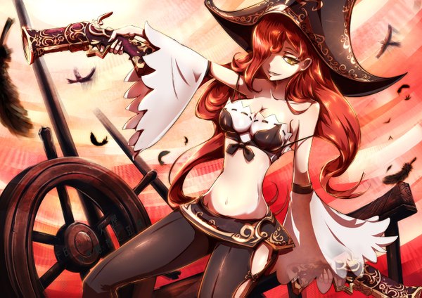 Anime picture 1300x919 with league of legends miss fortune (league of legends) beanbean1988 single long hair looking at viewer fringe light erotic yellow eyes red hair hair over one eye midriff girl navel detached sleeves gun pirate hat