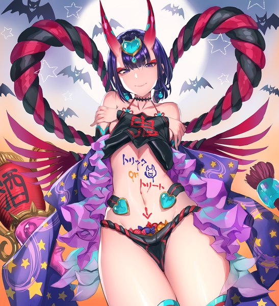 Anime picture 1366x1500 with fate (series) fate/grand order shuten douji (fate) shuten douji (halloween caster) (fate) mhk (mechamania) single tall image looking at viewer blush fringe short hair light erotic simple background smile hair between eyes standing purple eyes bare shoulders purple hair horn (horns)