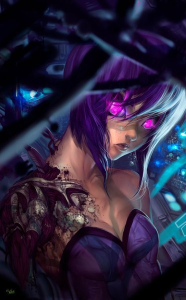 Anime picture 1024x1650 with ghost in the shell production i.g kusanagi motoko elsevilla single long hair tall image purple hair pink eyes lips guro girl blood wire (wires) android