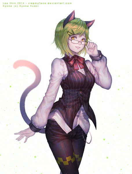 Anime picture 608x800 with slapmyface single tall image short hair open mouth blonde hair smile white background animal ears yellow eyes tail animal tail green hair cat ears cat tail girl glasses chain pants vest