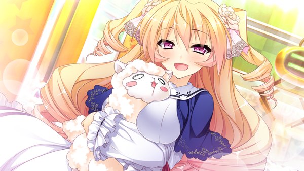 Anime picture 1280x720 with girls be ambitious! misasagi erena mtu (orewamuzituda) single long hair looking at viewer blush open mouth blonde hair wide image purple eyes game cg hair flower hug drill hair girl dress hair ornament flower (flowers) toy