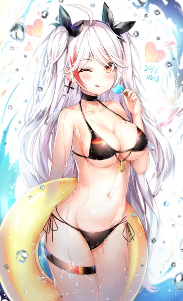 Anime picture 1976x3243 with azur lane prinz eugen (azur lane) prinz eugen (unfading smile) (azur lane) dana (hapong07) single long hair tall image looking at viewer blush fringe highres breasts light erotic simple background large breasts standing bare shoulders holding brown eyes ahoge