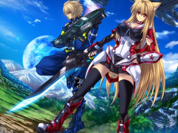 Anime picture 1236x930 with phantasy star online wiola magica afin juri (shiningred) long hair short hair blue eyes blonde hair red eyes animal ears mountain girl thighhighs boy weapon black thighhighs sword boots armor fingerless gloves