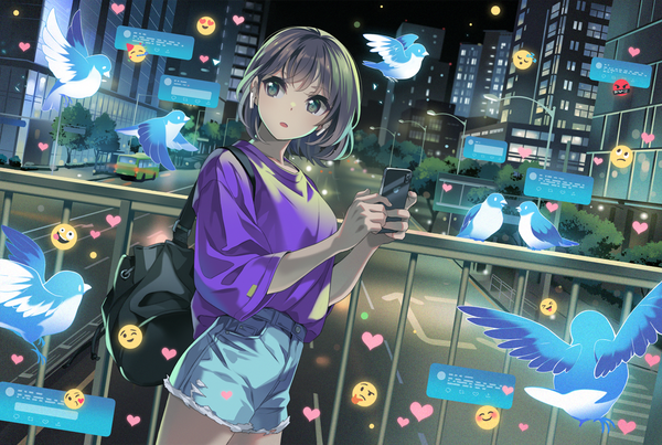 Anime picture 1106x744 with original apple inc. twitter bf. (sogogiching) single fringe short hair open mouth brown hair holding outdoors looking back aqua eyes night wide sleeves short sleeves street >:) girl animal