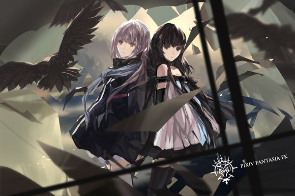 Anime picture 2126x1417 with original pixiv fantasia pixiv fantasia fallen kings paradise (character) swd3e2 long hair looking at viewer highres black hair bare shoulders multiple girls brown eyes grey hair back to back girl thighhighs dress gloves black thighhighs 2 girls