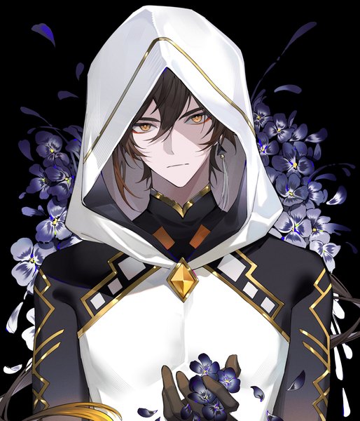Anime picture 3000x3500 with genshin impact zhongli (genshin impact) zhongli (archon) (genshin impact) xingxing mei single long hair tall image looking at viewer fringe highres hair between eyes brown hair yellow eyes head tilt shaded face floral background boy hood single earring