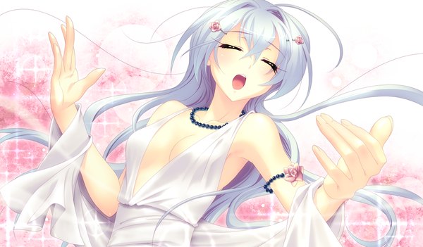 Anime picture 1024x600 with houkago kitchen single long hair open mouth light erotic wide image game cg white hair eyes closed girl dress hair ornament hairclip pendant