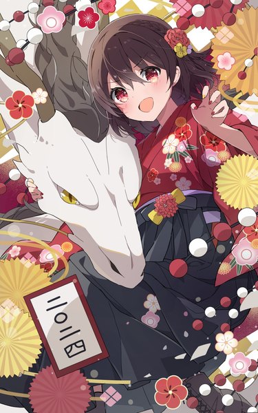 Anime picture 1000x1600 with original mochigome (ununquadium) single tall image looking at viewer fringe short hair open mouth hair between eyes red eyes brown hair nail polish traditional clothes :d japanese clothes new year fantasy red nail polish multicolored nail polish yellow nail polish
