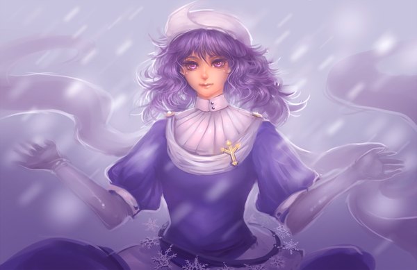 Anime picture 1400x909 with touhou letty whiterock sheryth (artist) single long hair purple eyes purple hair snowing wavy hair spread arms winter girl gloves hat