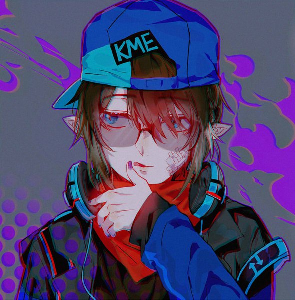 Anime picture 1000x1015 with aotu world kamier kanose single tall image fringe short hair blue eyes brown hair looking away nail polish pointy ears hair over one eye headphones around neck bandaid on face boy jacket headphones sunglasses bandaid