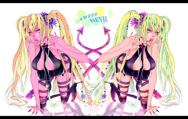 Anime picture 2050x1300 with vocaloid sweet devil (vocaloid) hatsune miku fujimaru6379 long hair highres open mouth light erotic white background twintails bare shoulders green eyes cleavage nail polish multicolored hair hair flower aqua eyes fingernails green hair orange hair