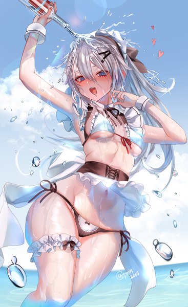 Anime picture 2200x3600 with girls frontline 9a-91 (girls frontline) pottsness single long hair tall image looking at viewer blush fringe highres breasts open mouth blue eyes light erotic hair between eyes standing holding signed payot sky