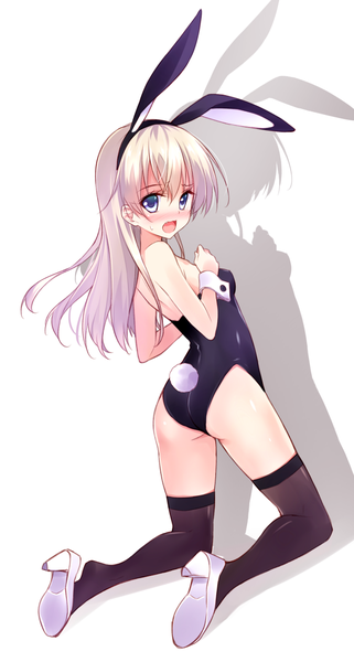 Anime picture 643x1200 with strike witches eila ilmatar juutilainen hayakawa harui single long hair tall image blush open mouth blue eyes light erotic animal ears white hair tail animal tail shadow bunny ears fake animal ears bunny girl arched back bunny tail