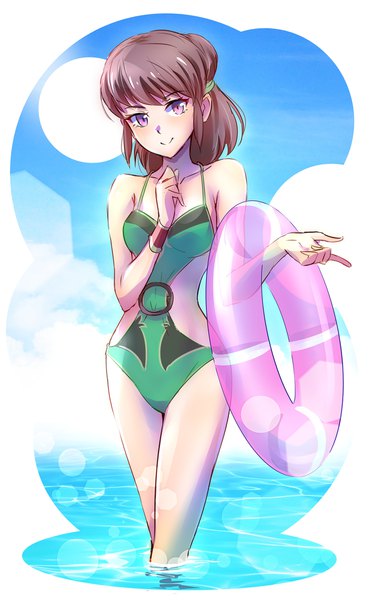 Anime picture 1261x2000 with rwby rooster teeth an ren iesupa single tall image looking at viewer fringe short hair breasts light erotic smile brown hair purple eyes sky cleavage cloud (clouds) sunlight partially submerged transparent