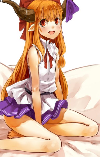 Anime picture 900x1400 with touhou ibuki suika nishiuri (artist) single long hair tall image blush open mouth blonde hair red eyes white background sitting bare shoulders looking away pointy ears girl bow hair bow