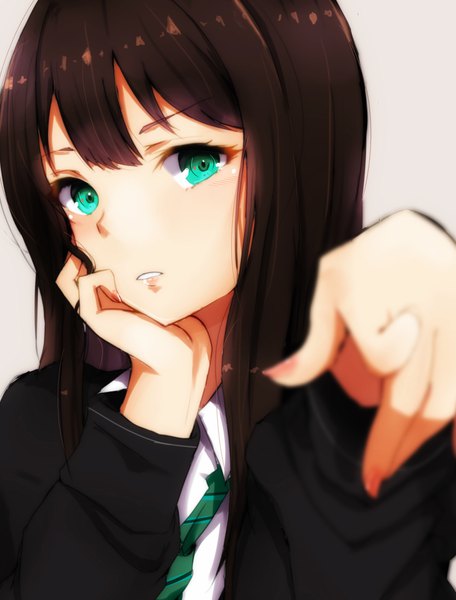 Anime picture 1396x1836 with idolmaster idolmaster cinderella girls shibuya rin ryuu. single long hair tall image looking at viewer simple background brown hair green eyes nail polish parted lips grey background chin rest pink nail polish pointing at viewer girl uniform school uniform