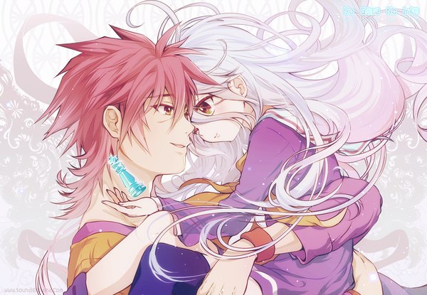 Anime picture 1082x750 with no game no life madhouse shiro (no game no life) sora (no game no life) kaze-hime long hair short hair hair between eyes brown eyes pink hair white hair profile loli couple wavy hair carrying princess carry girl thighhighs boy