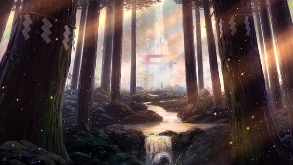 Anime picture 1500x846 with original pei (sumurai) single wide image outdoors sunlight landscape scenic silhouette nature waterfall ambiguous gender stream plant (plants) tree (trees) water forest stone (stones) torii