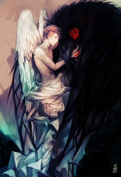 Anime picture 800x1173 with original kidneh single tall image short hair simple background brown hair brown eyes signed profile angel wings white wings shirtless boy flower (flowers) animal wings bird (birds) rose (roses) crow