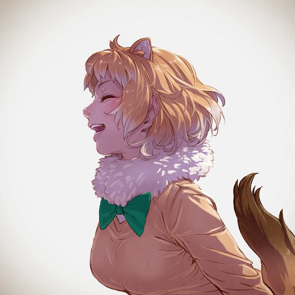 Anime picture 1920x1920 with kemono friends black-tailed prairie dog (kemono friends) takami masahiro single highres short hair open mouth blonde hair simple background animal ears upper body tail eyes closed animal tail profile fur trim ^ ^ girl bowtie fur