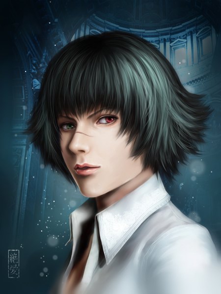 Anime picture 1185x1580 with devil may cry lady (devil may cry) zetsuai89 single tall image short hair black hair red eyes green eyes lips realistic heterochromia hieroglyph scar girl shirt white shirt