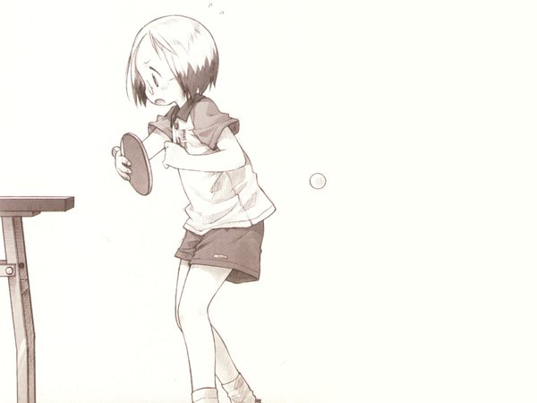Anime picture 1920x1440 with ichigo mashimaro sakuragi matsuri single highres short hair loli monochrome ping pong girl uniform glasses shorts gym uniform table tennis paddle