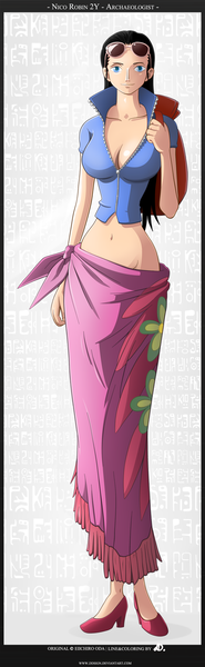 Anime picture 1051x3404 with one piece toei animation nico robin ddsign single long hair tall image blue eyes black hair smile midriff coloring framed girl navel sunglasses