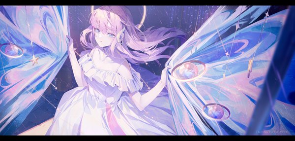 Anime picture 2518x1200 with original ji dao ji single long hair fringe highres blue eyes hair between eyes wide image looking away pink hair from above letterboxed girl dress white dress star (symbol)