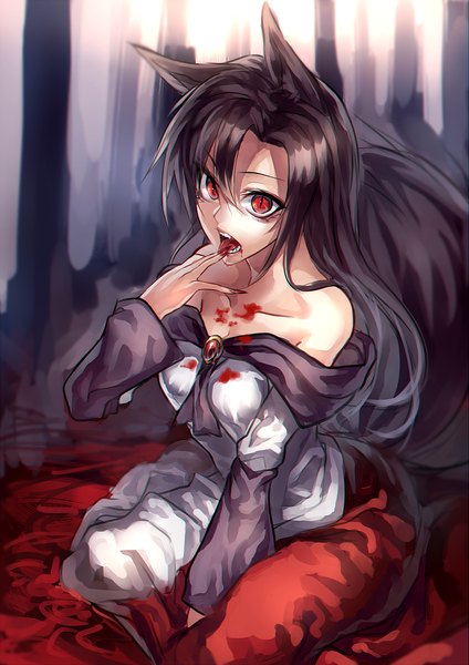 Anime picture 1500x2121 with touhou imaizumi kagerou uu uu zan single long hair tall image open mouth black hair red eyes sitting bare shoulders animal ears tail animal tail from above finger to mouth wolf ears wolf tail animal eyes girl