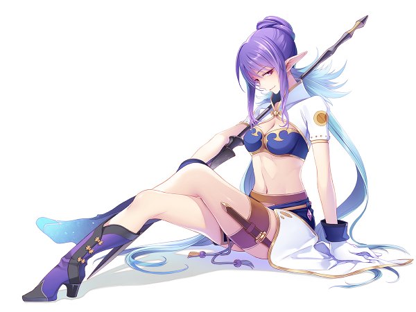 Anime picture 1200x900 with tales of (series) tales of vesperia judith maro (nikeneko523) single looking at viewer fringe light erotic simple background smile red eyes white background sitting payot blue hair purple hair full body very long hair multicolored hair pointy ears