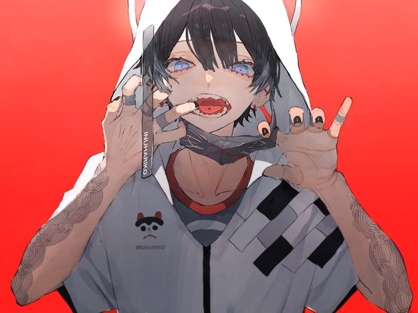 Anime picture 4000x3000 with original sakusya2honda single looking at viewer fringe highres short hair open mouth blue eyes black hair simple background hair between eyes absurdres upper body nail polish tattoo piercing ear piercing red background black nail polish
