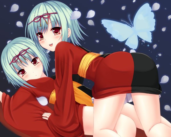 Anime picture 1250x1000 with original megimegyo looking at viewer blush short hair open mouth smile red eyes multiple girls japanese clothes green hair girl 2 girls petals hairband kimono insect butterfly