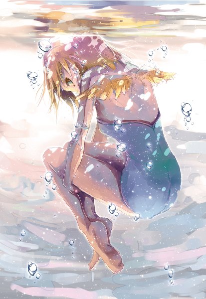 Anime picture 826x1200 with idolmaster idolmaster (classic) hagiwara yukiho yae (mono110) single tall image looking at viewer short hair blonde hair green eyes barefoot underwater angel wings leg hug girl swimsuit wings water one-piece swimsuit bubble (bubbles)