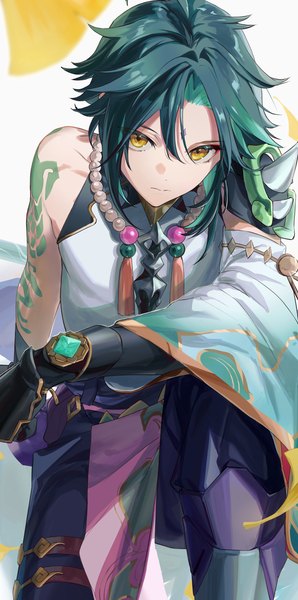 Anime picture 1583x3190 with genshin impact xiao (genshin impact) haruno taku single tall image looking at viewer short hair sitting yellow eyes green hair from above arm support tattoo boy detached sleeves vision (genshin impact)