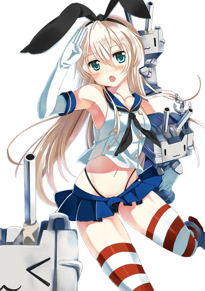 Anime picture 893x1263 with kantai collection shimakaze destroyer rensouhou-chan xephonia single long hair tall image blush open mouth light erotic simple background blonde hair white background bent knee (knees) pleated skirt aqua eyes armpit (armpits) :3 salute > <