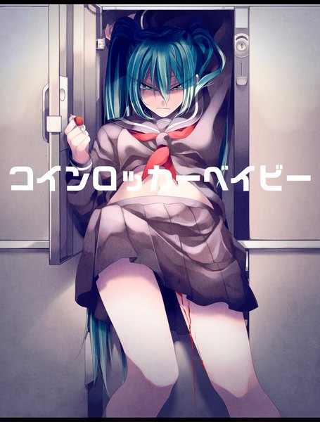 Anime picture 1000x1318 with vocaloid hatsune miku oniyama831 single tall image looking at viewer fringe twintails holding bent knee (knees) pleated skirt aqua eyes aqua hair midriff serious angry bleeding girl skirt navel