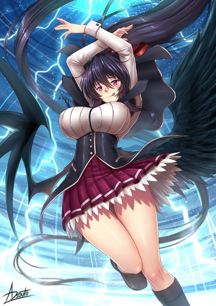 Anime picture 1240x1754 with highschool dxd himejima akeno adsouto single tall image looking at viewer blush fringe breasts light erotic black hair smile hair between eyes purple eyes signed payot bent knee (knees) outdoors ponytail very long hair