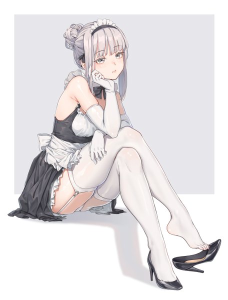 Anime picture 1140x1500 with original fangxiang cuoluan single tall image looking at viewer blush fringe short hair breasts light erotic simple background bare shoulders holding silver hair ass blunt bangs grey background shadow maid grey eyes