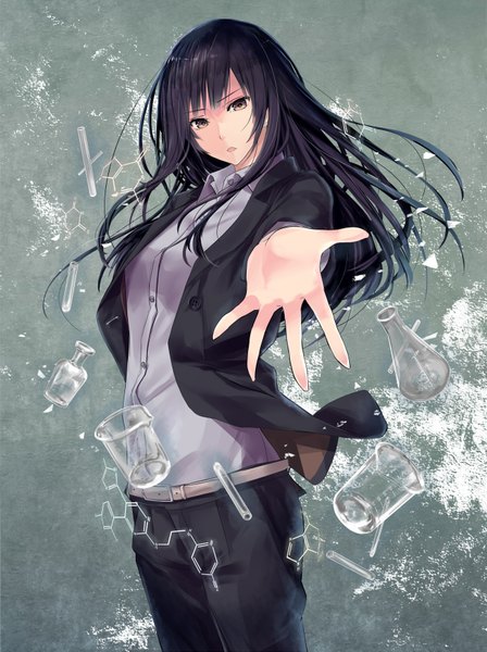 Anime picture 1300x1741 with original mikipuruun no naegi single long hair tall image looking at viewer fringe breasts open mouth black hair standing brown eyes head tilt outstretched arm crossdress girl shirt belt pants buttons