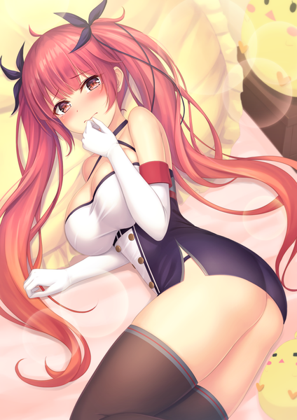 Anime picture 1983x2805 with azur lane honolulu (azur lane) tiphereth single long hair tall image looking at viewer blush highres breasts light erotic red eyes large breasts twintails bare shoulders payot cleavage ahoge ass red hair