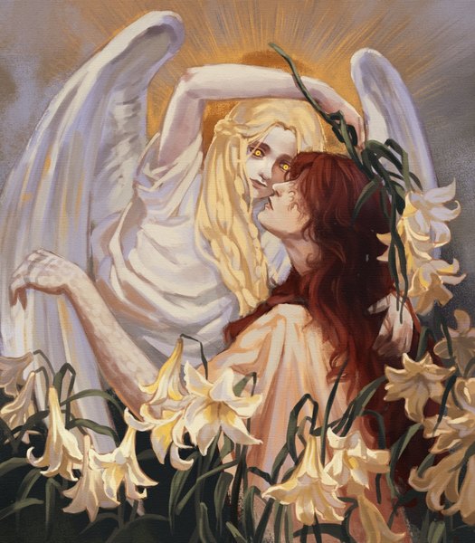 Anime picture 1500x1714 with elden ring malenia blade of miquella miquella (elden ring) lowstrear long hair tall image blonde hair holding yellow eyes red hair arm up angel wings siblings white wings twins girl boy flower (flowers) wings