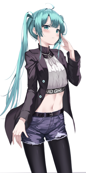 Anime picture 2459x4912 with vocaloid hatsune miku apple ringo single long hair tall image looking at viewer fringe highres simple background standing white background twintails payot ahoge long sleeves arm up aqua eyes aqua hair open jacket