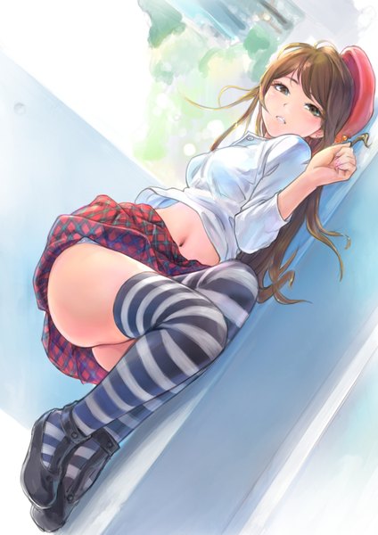 Anime picture 1288x1821 with kaikan change mayu (kaikan change) carina (xiaowoo) single long hair tall image looking at viewer blush open mouth light erotic brown hair green eyes lying parted lips bare belly midriff on side plaid skirt girl thighhighs
